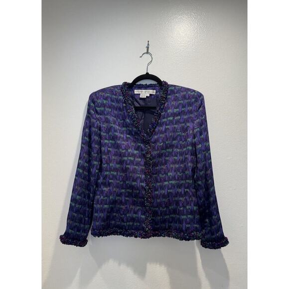 Vintage Anne Crimmins UMI Collections Size 4 100% Silk Blazer Artsy Shaggy Trim - Picture 1 of 11